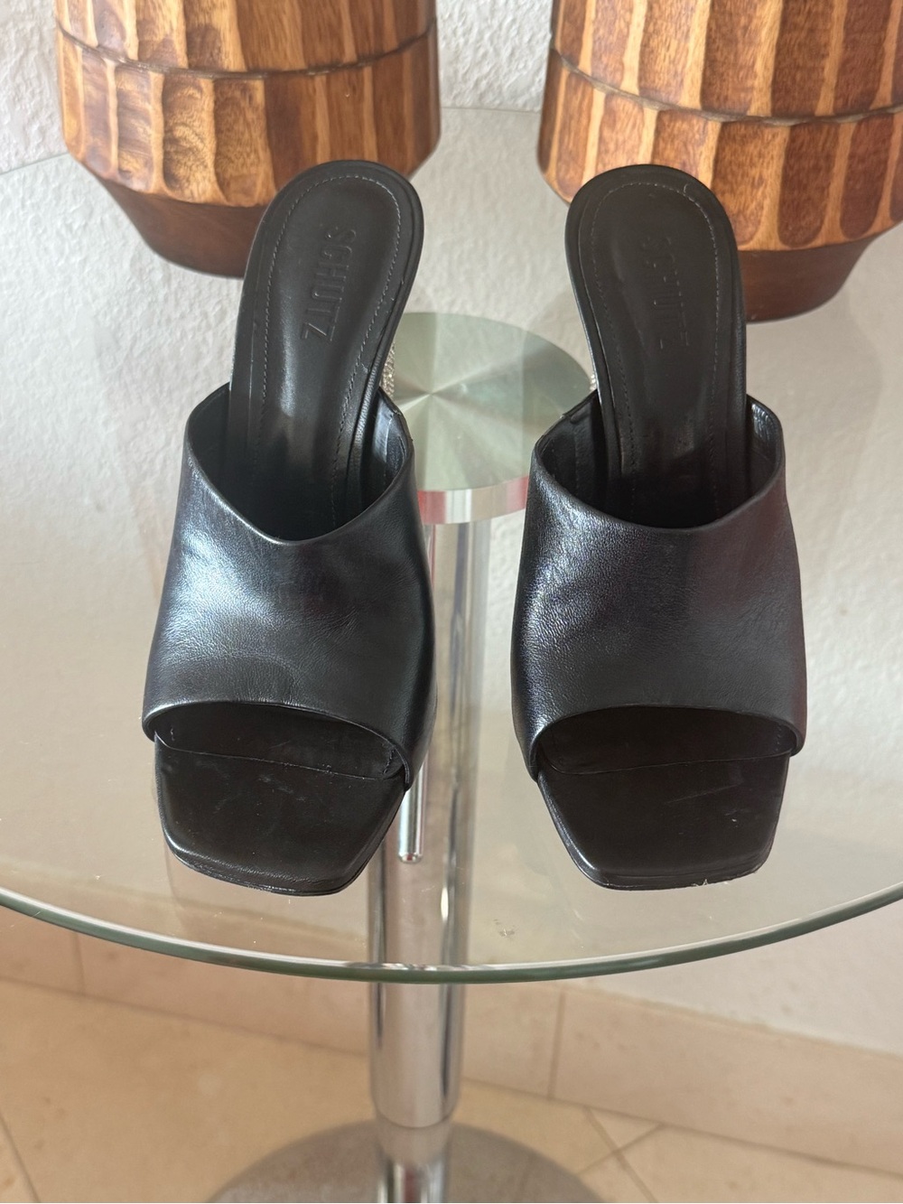 SCHUTZ Black Leather Open-Toe Slide Mules